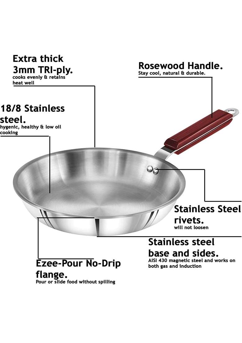 Hawkins Triply Extra-Thick Stainless Steel Frying Pan and Deep Kadhai Wok 4 LTS | 24 cm | 9.4 Inch - Indya