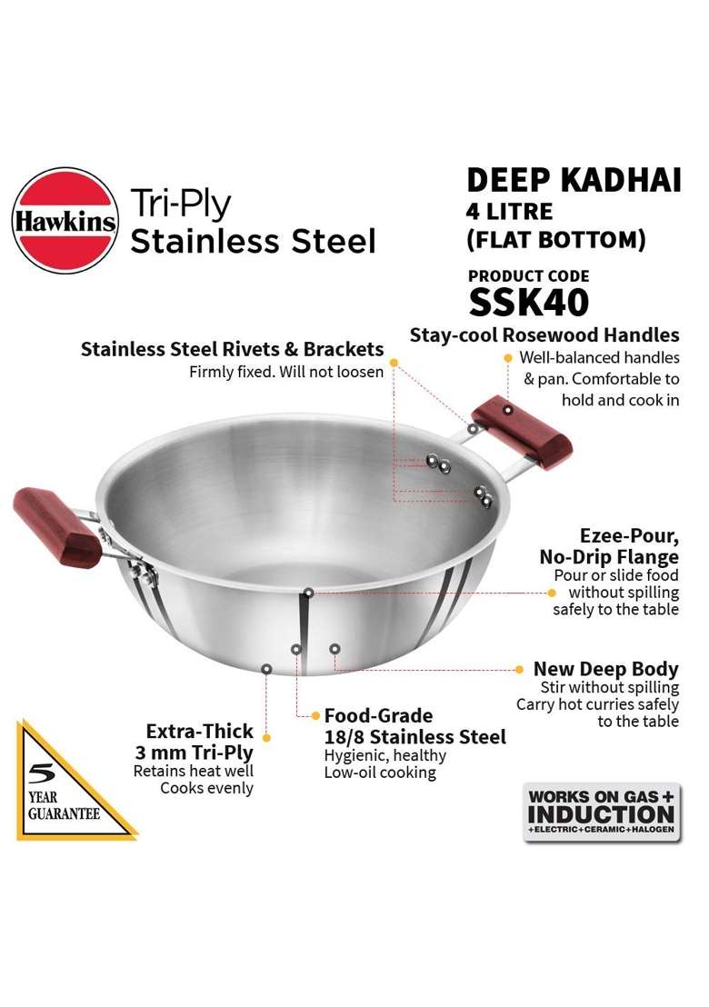 Hawkins Triply Extra-Thick Stainless Steel Frying Pan and Deep Kadhai Wok 4 LTS | 24 cm | 9.4 Inch - Indya