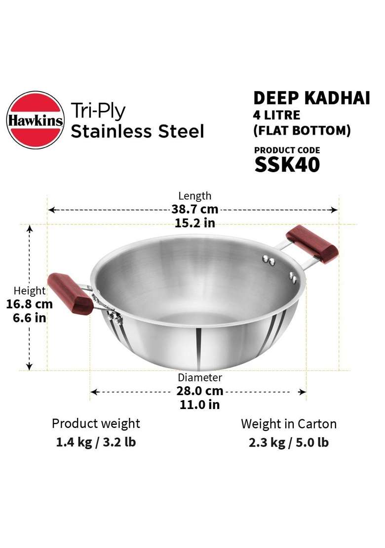 Hawkins Triply Extra-Thick Stainless Steel Frying Pan and Deep Kadhai Wok 4 LTS | 24 cm | 9.4 Inch - Indya
