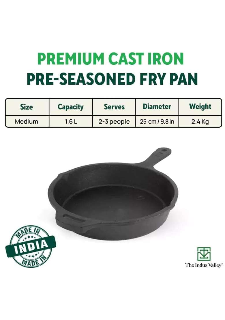 The Indus Valley Preseasoned Cast Iron Fry Pan Skillet with Long Handle | 1.6 L | 1.7 Qt | 25 cm | 9.8 Inch | Induction Compatible | Non-Toxic - Indya