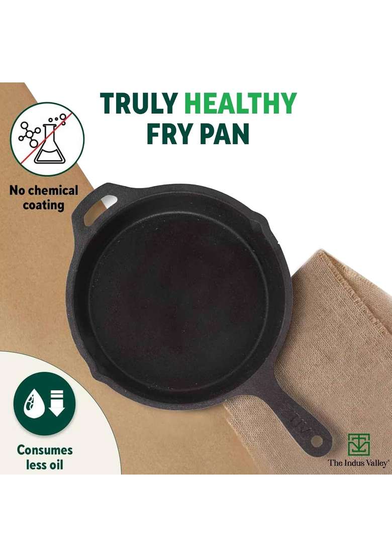 The Indus Valley Preseasoned Cast Iron Fry Pan Skillet with Long Handle | 1.6 L | 1.7 Qt | 25 cm | 9.8 Inch | Induction Compatible | Non-Toxic - Indya