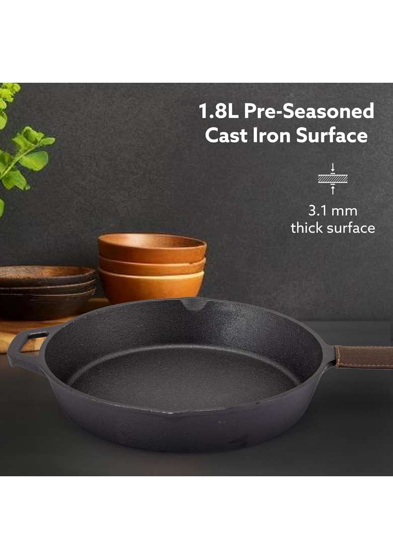 AGARO Royal Pre Seasoned Cast Iron Deep Round Fry Pan | 1.8 L | 1.9 Qt | 26 cm | 10.2 Inch | Induction Compatible - Indya