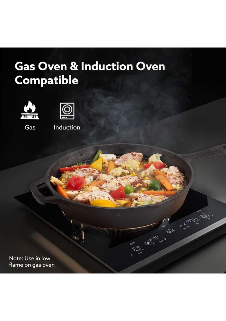 AGARO Royal Pre Seasoned Cast Iron Deep Round Fry Pan | 1.8 L | 1.9 Qt | 26 cm | 10.2 Inch | Induction Compatible - Indya