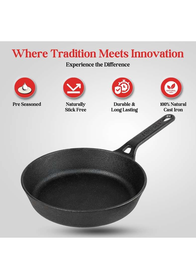 Vinod Legacy Pre-Seasoned Cast Iron Skillet Frypan | 1.5 L | 1.6 Qt | 22 cm | 8.7 Inch | Non-Toxic | Non-Stick - Indya