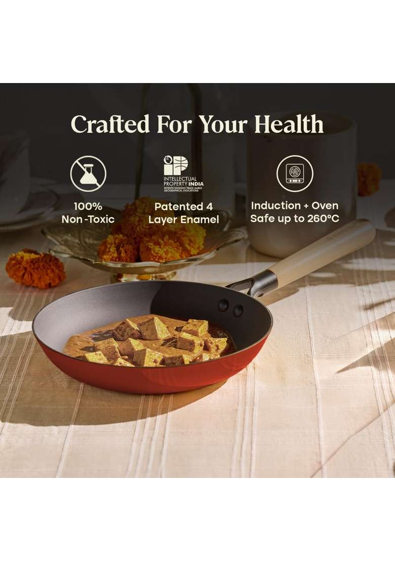 CUMIN CO. Enamel Cast Iron Fry Pan LITE | 0.8 L | 0.8 Qt | 20 cm | 7.9 Inch | Induction Compatible | Non-Toxic | Non-Stick - Indya