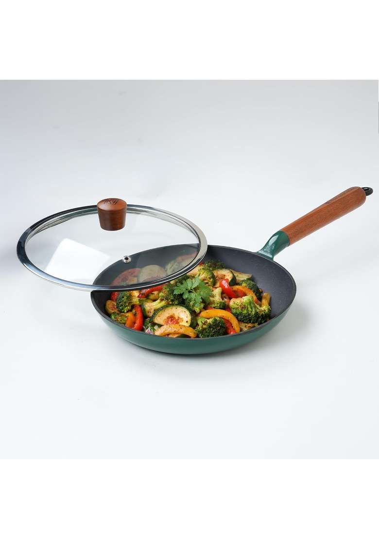 The Indus Valley Titanium Reinforced Enamel Coated Cast Iron Fry Pan | 1.5 L | 1.6 Qt | Induction Compatible | PFOA Free | Non-Stick | With Lid - Indya
