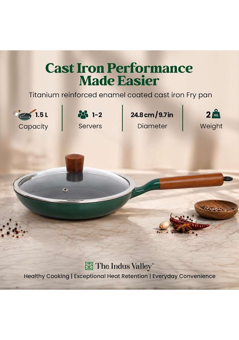 The Indus Valley Titanium Reinforced Enamel Coated Cast Iron Fry Pan | 1.5 L | 1.6 Qt | Induction Compatible | PFOA Free | Non-Stick | With Lid - Indya