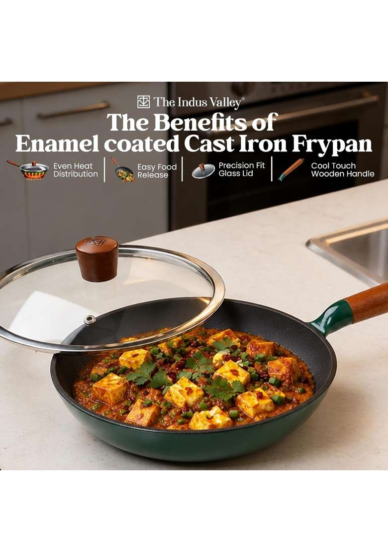 The Indus Valley Titanium Reinforced Enamel Coated Cast Iron Fry Pan | 1.5 L | 1.6 Qt | Induction Compatible | PFOA Free | Non-Stick | With Lid - Indya