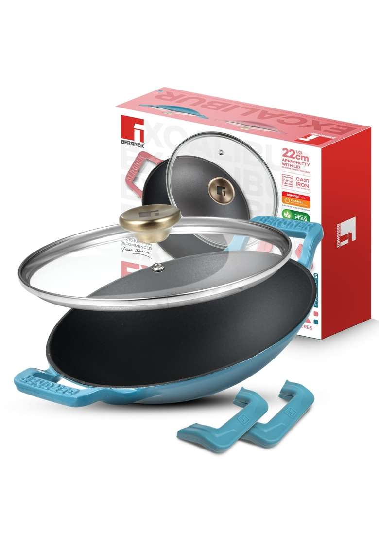 BERGNER Excalibur Lightweight Cast Iron Appachetty with Lid | 1 L | 1.1 Qt | 22 cm | 8.7 Inch | Induction Compatible | Non-Stick - Indya