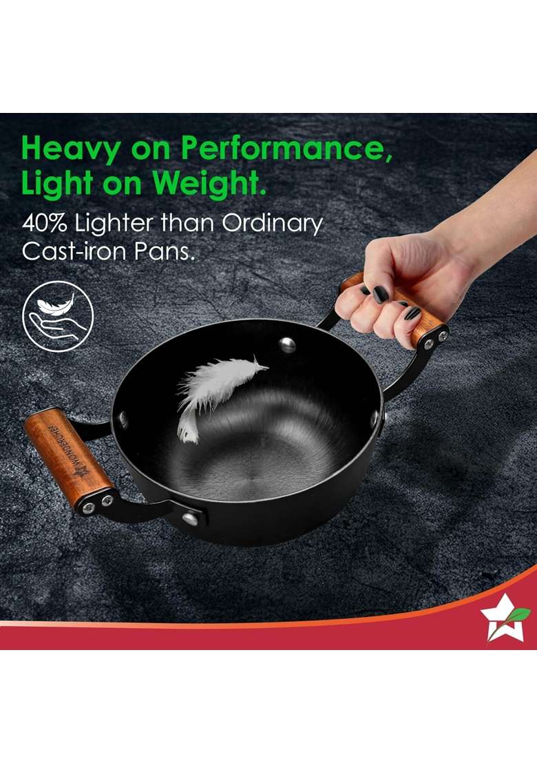 Wonderchef Ferro Light-weight Cast-iron Deep Kadhai Wok | 20 cm | 7.9 Inch | Induction Compatible | Non-Toxic | Pre-Seasoned - Indya