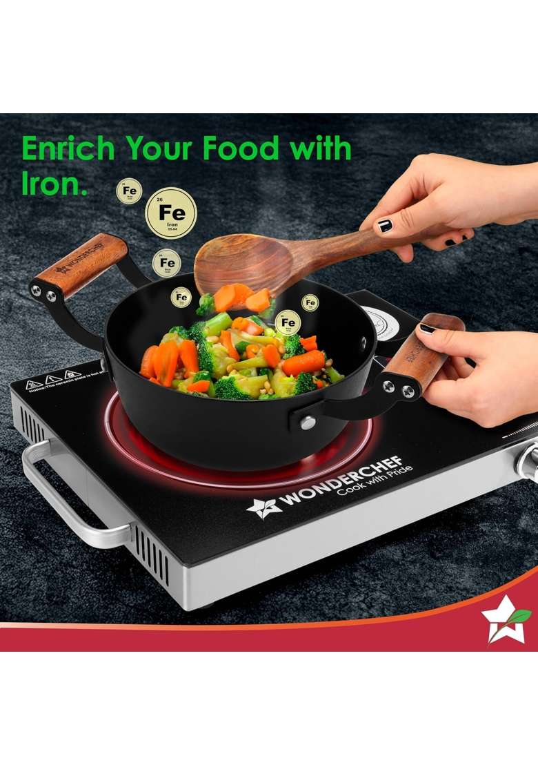 Wonderchef Ferro Light-weight Cast-iron Deep Kadhai Wok | 20 cm | 7.9 Inch | Induction Compatible | Non-Toxic | Pre-Seasoned - Indya
