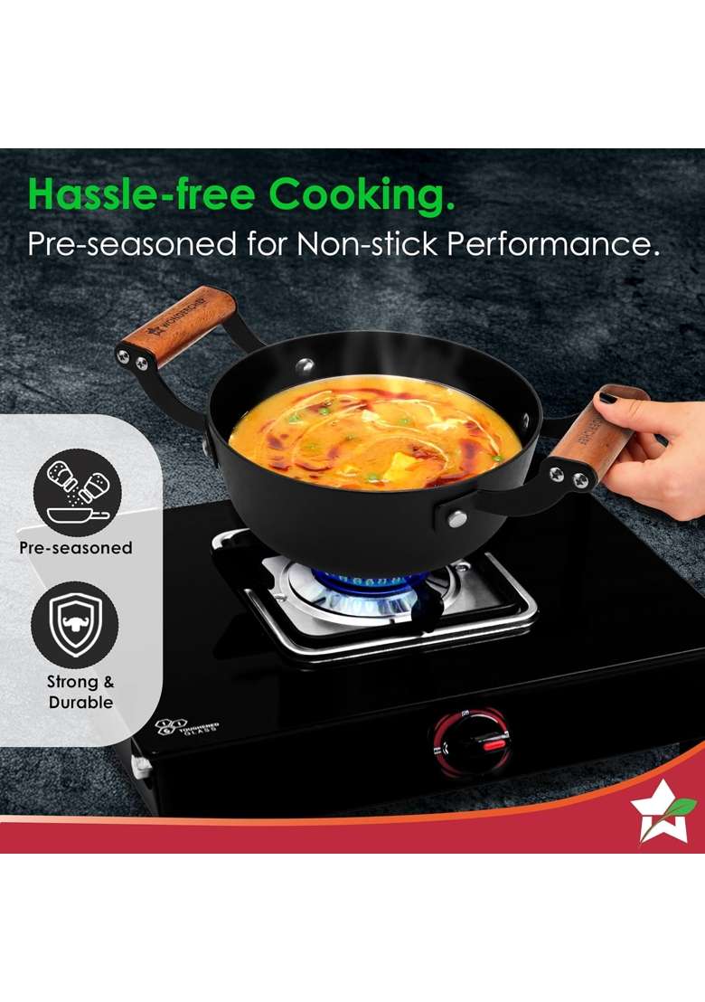 Wonderchef Ferro Light-weight Cast-iron Deep Kadhai Wok | 20 cm | 7.9 Inch | Induction Compatible | Non-Toxic | Pre-Seasoned - Indya