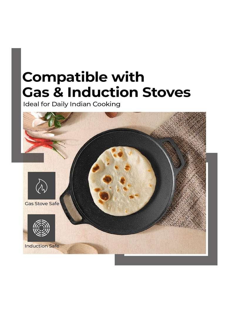 Lifelong Pre-Seasoned Dosa Pan | 26 cm | 10.2 Inch | Induction Compatible | Non-Toxic | Non-Stick - Indya
