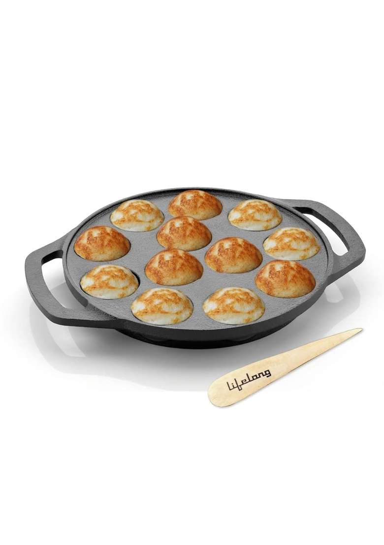 Lifelong Cast Iron Paniyaram Pan Ebelskiver-Style Pan 12 Pits | 25 ml | 0.8 fl oz | Non-Toxic | Pre-Seasoned | Non-Stick - Indya