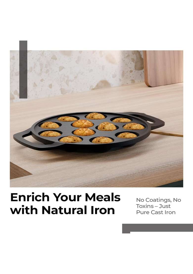 Lifelong Cast Iron Paniyaram Pan Ebelskiver-Style Pan 12 Pits | 25 ml | 0.8 fl oz | Non-Toxic | Pre-Seasoned | Non-Stick - Indya