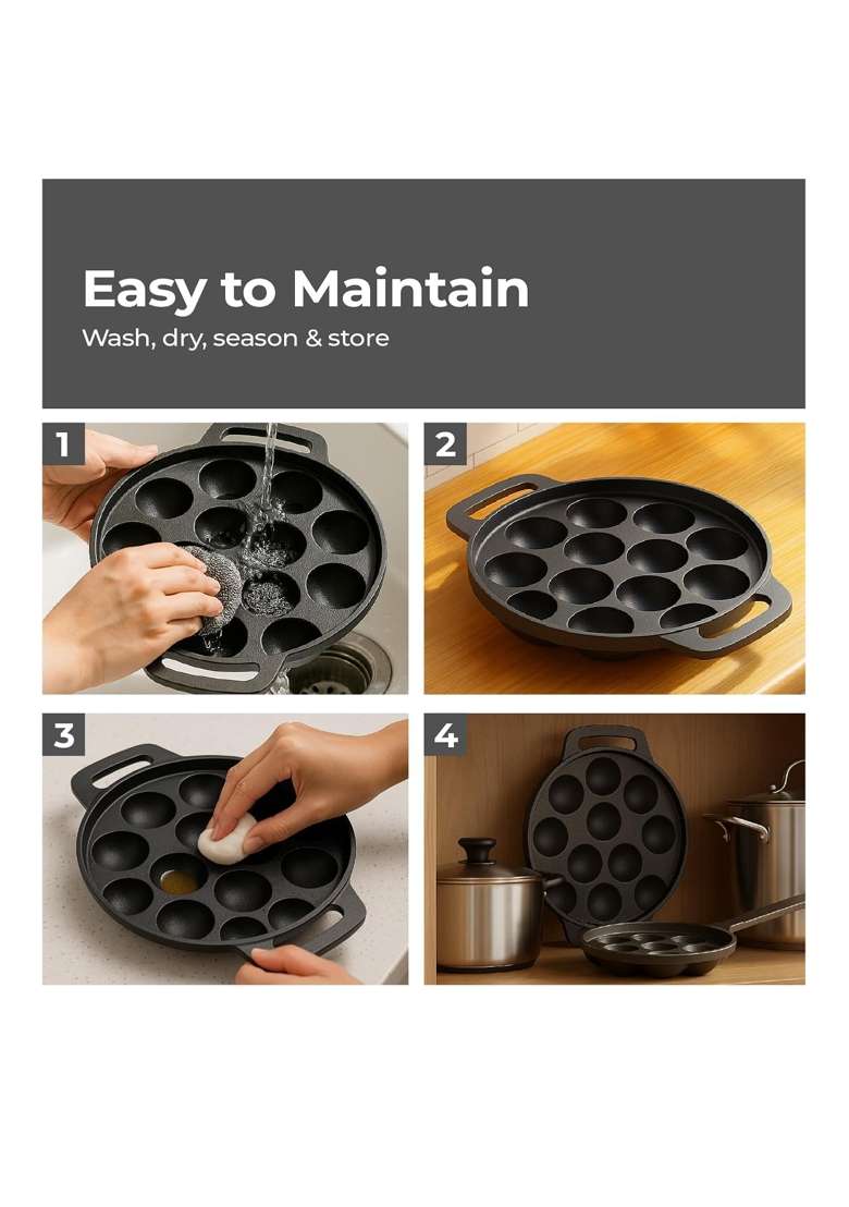 Lifelong Cast Iron Paniyaram Pan Ebelskiver-Style Pan 12 Pits | 25 ml | 0.8 fl oz | Non-Toxic | Pre-Seasoned | Non-Stick - Indya