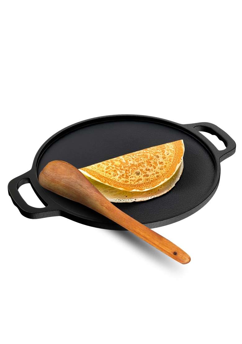 Lifelong Cast Iron Dosa Tawa Dosa Pan with Wooden Spatula for Dosa | 30 cm | 11.8 Inch | Induction Compatible | Non-Toxic | Pre-Seasoned | Non-Stick - Indya