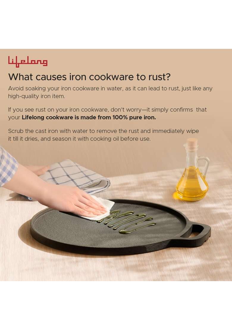 Lifelong Cast Iron Dosa Tawa Dosa Pan with Wooden Spatula for Dosa | 30 cm | 11.8 Inch | Induction Compatible | Non-Toxic | Pre-Seasoned | Non-Stick - Indya