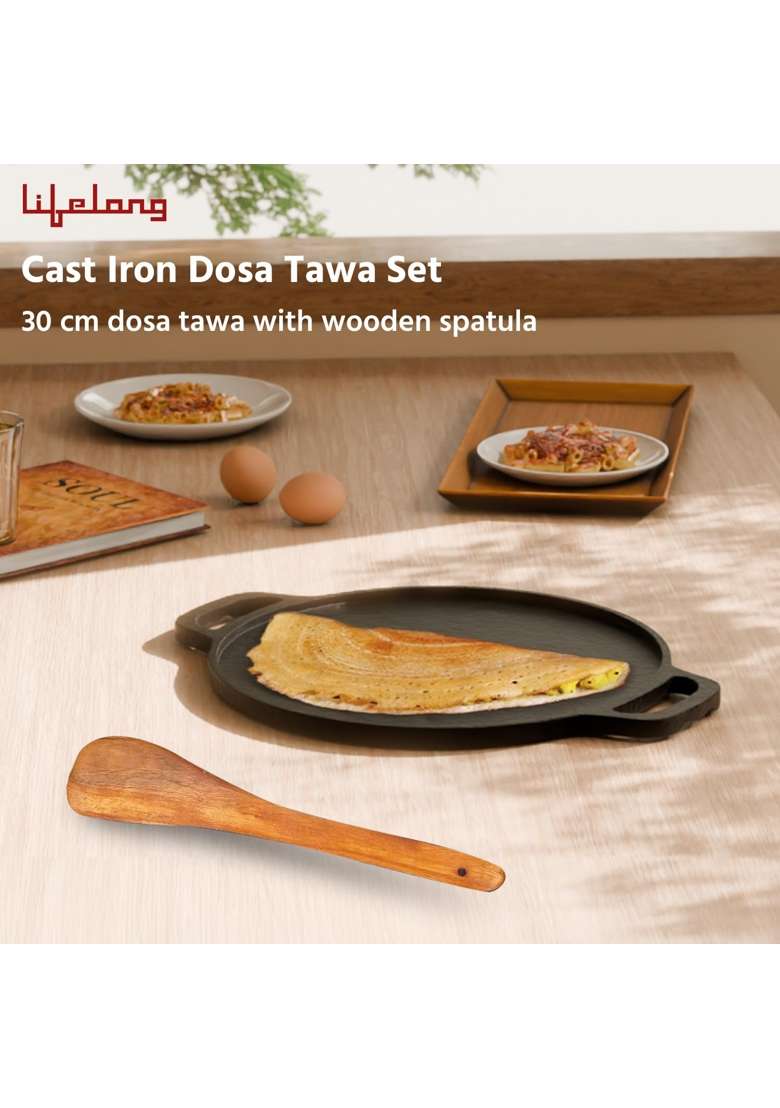 Lifelong Cast Iron Dosa Tawa Dosa Pan with Wooden Spatula for Dosa | 30 cm | 11.8 Inch | Induction Compatible | Non-Toxic | Pre-Seasoned | Non-Stick - Indya