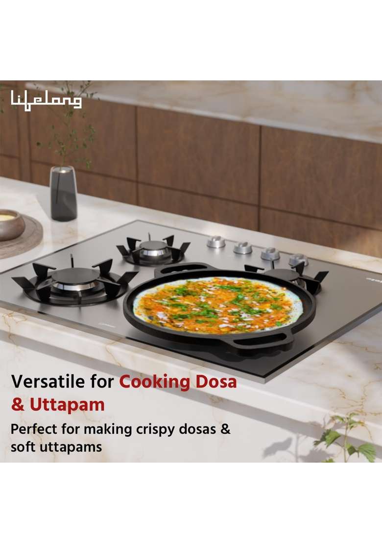 Lifelong Cast Iron Dosa Tawa Dosa Pan with Wooden Spatula for Dosa | 30 cm | 11.8 Inch | Induction Compatible | Non-Toxic | Pre-Seasoned | Non-Stick - Indya