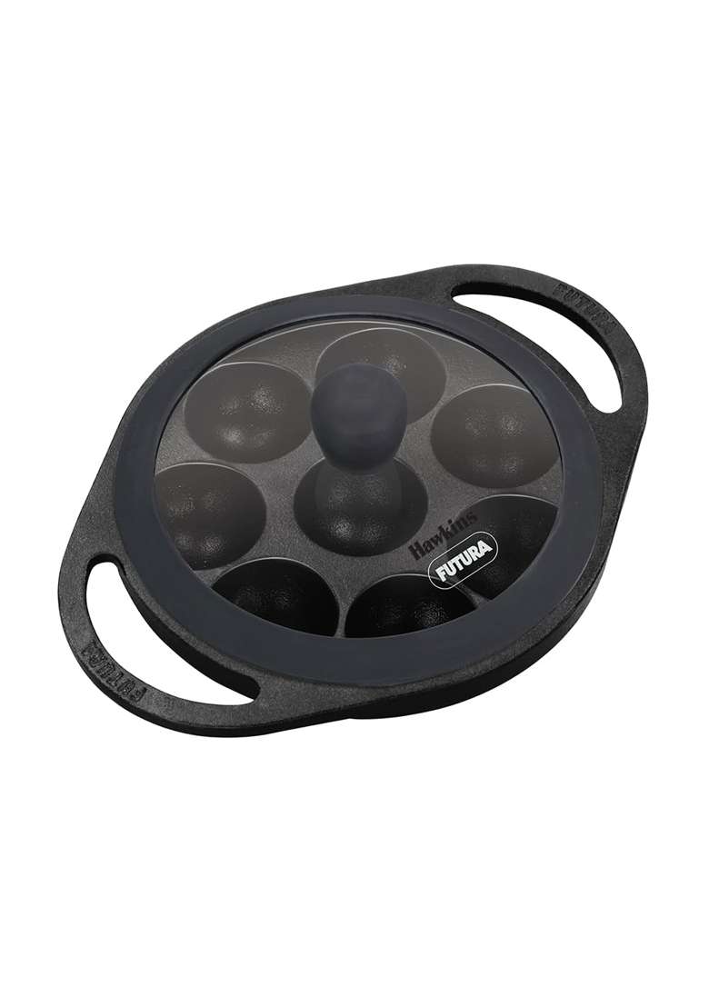 Hawkins Futura Cast Iron Appe Pan Ebelskiver-Style Pan | 16 cm | 6.3 Inch | Non-Stick | With Lid - Indya