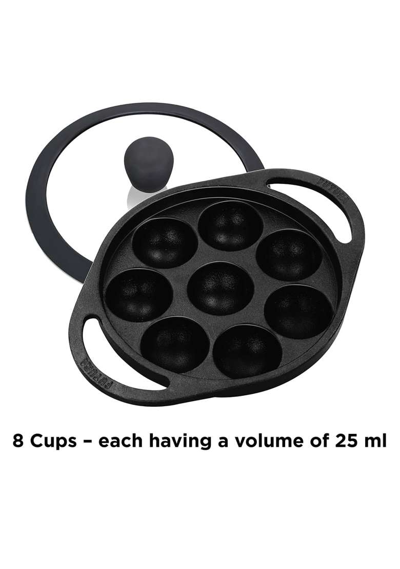 Hawkins Futura Cast Iron Appe Pan Ebelskiver-Style Pan | 16 cm | 6.3 Inch | Non-Stick | With Lid - Indya
