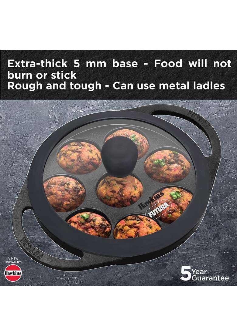 Hawkins Futura Cast Iron Appe Pan Ebelskiver-Style Pan | 16 cm | 6.3 Inch | Non-Stick | With Lid - Indya