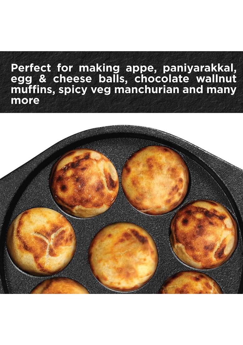 Hawkins Futura Cast Iron Appe Pan Ebelskiver-Style Pan | 16 cm | 6.3 Inch | Non-Stick | With Lid - Indya