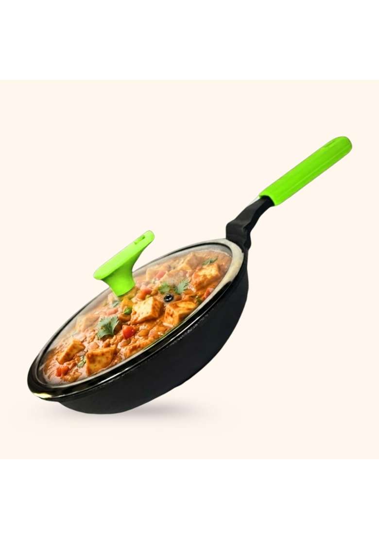 MACclite Ironium Pre-Seasoned Cast Iron Frying Pan with Glass Lid Dia | 1 L | 1.1 Qt | 20 cm | 7.9 Inch | Induction Compatible | Non-Stick - Indya