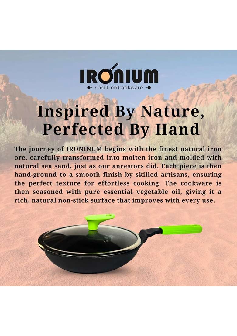 MACclite Ironium Pre-Seasoned Cast Iron Frying Pan with Glass Lid Dia | 1 L | 1.1 Qt | 20 cm | 7.9 Inch | Induction Compatible | Non-Stick - Indya