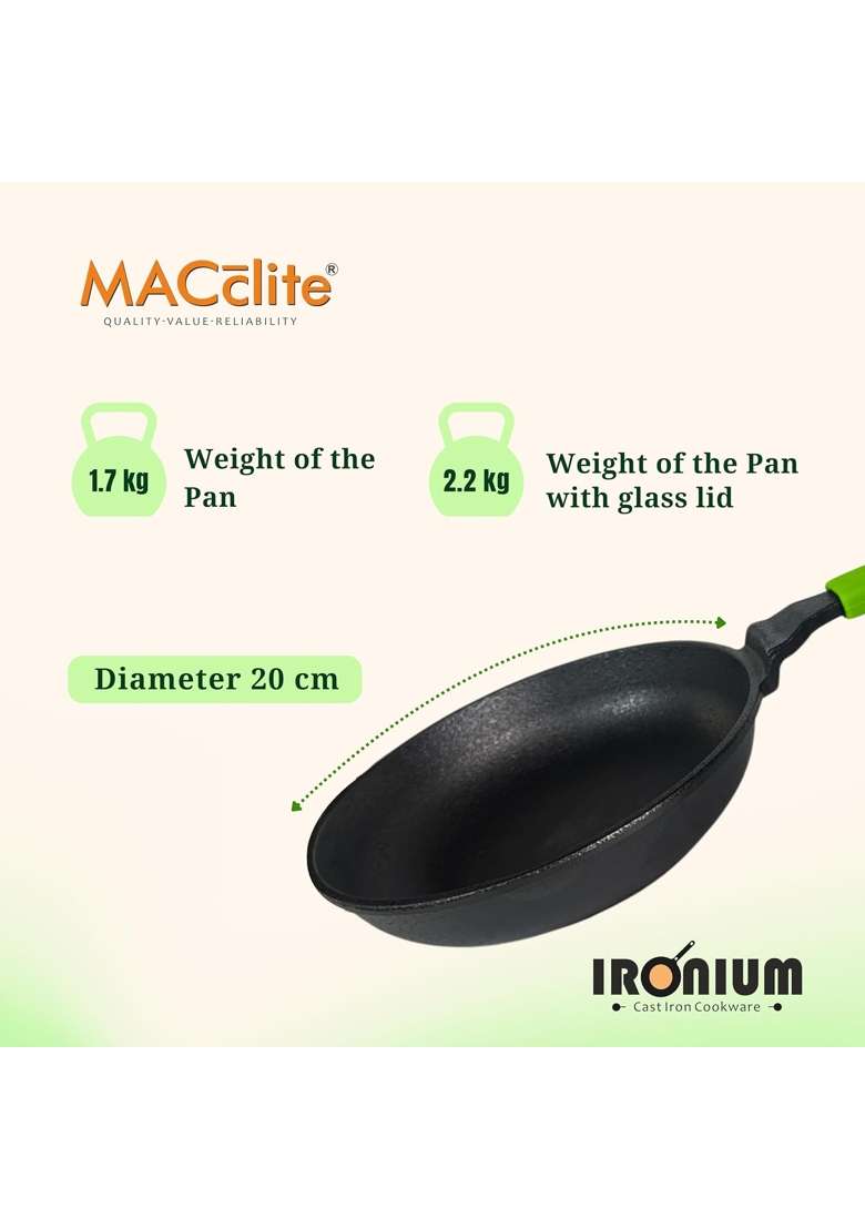 MACclite Ironium Pre-Seasoned Cast Iron Frying Pan with Glass Lid Dia | 1 L | 1.1 Qt | 20 cm | 7.9 Inch | Induction Compatible | Non-Stick - Indya
