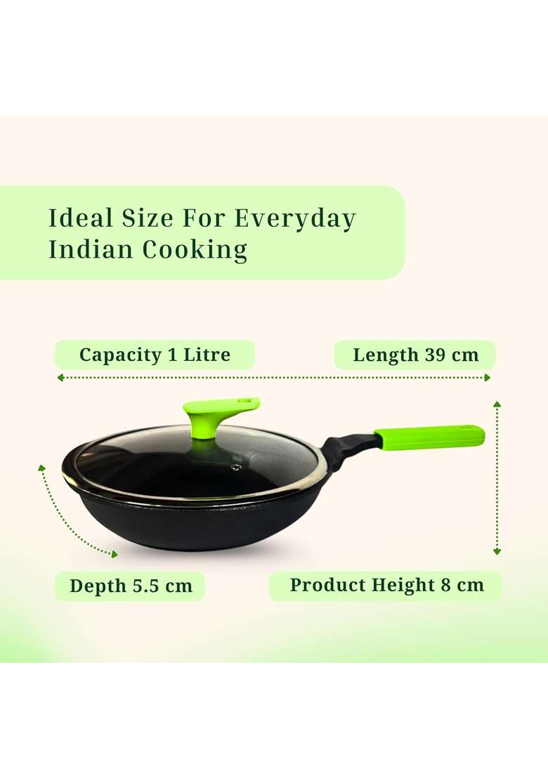 MACclite Ironium Pre-Seasoned Cast Iron Frying Pan with Glass Lid Dia | 1 L | 1.1 Qt | 20 cm | 7.9 Inch | Induction Compatible | Non-Stick - Indya