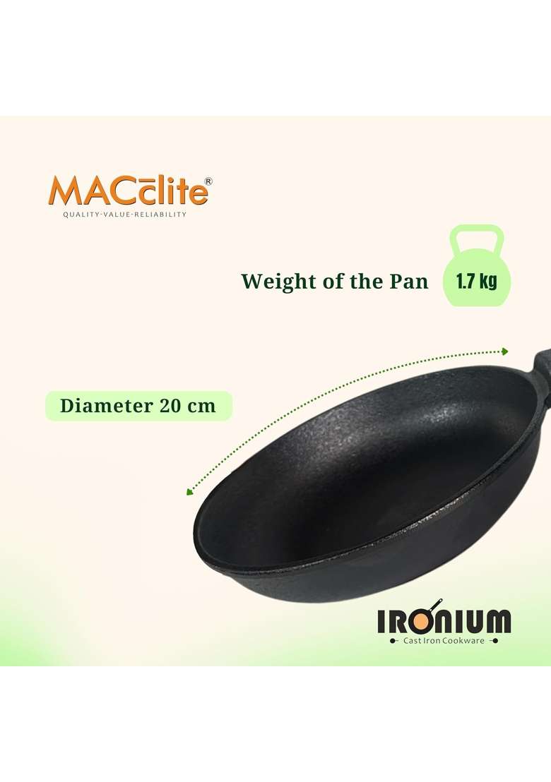 MACclite Ironium Pre-Seasoned Cast Iron Frying Pan Dia | 1 L | 1.1 Qt | 20 cm | 7.9 Inch | Induction Compatible | Non-Toxic | Non-Stick - Indya
