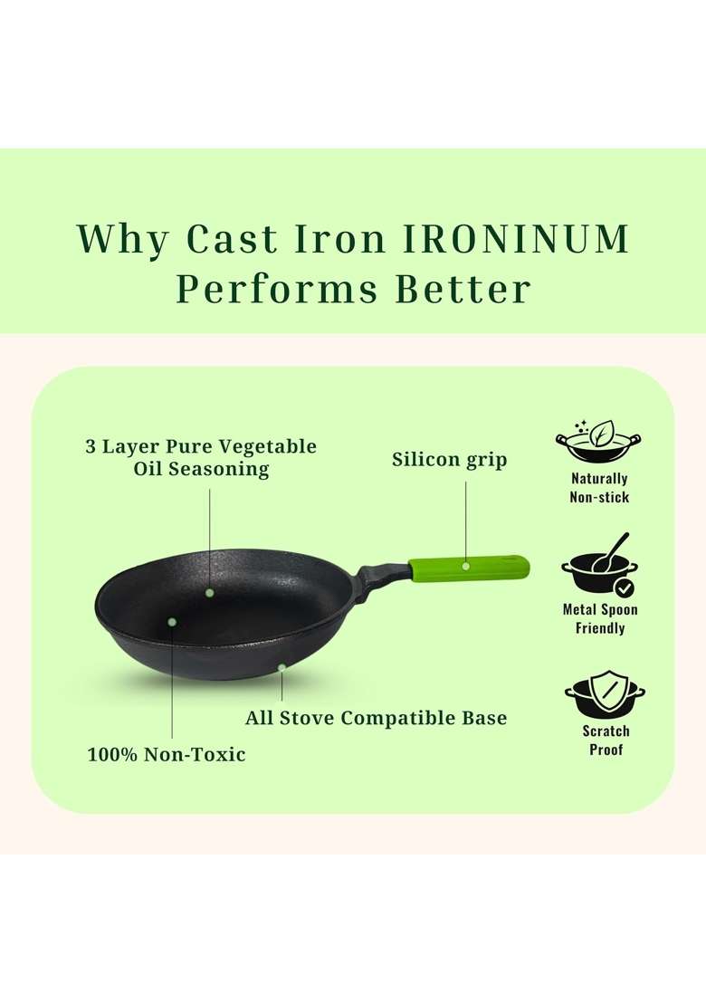 MACclite Ironium Pre-Seasoned Cast Iron Frying Pan Dia | 1 L | 1.1 Qt | 20 cm | 7.9 Inch | Induction Compatible | Non-Toxic | Non-Stick - Indya