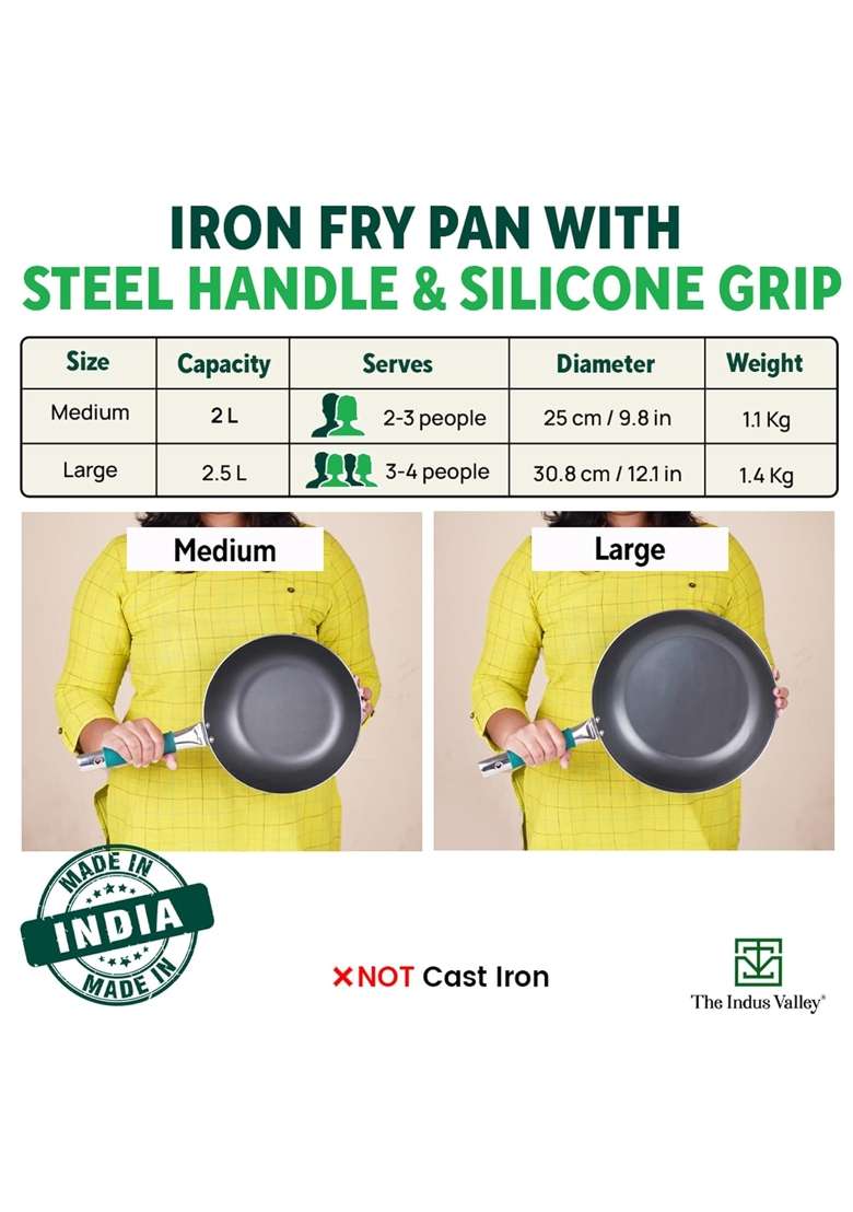 The Indus Valley Pure Iron Fry Pan with Silicone Grip | 2.5 L | 2.6 Qt | 30.8 cm | 12.1 Inch | Induction Compatible | Non-Toxic - Indya