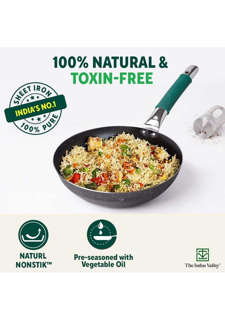 The Indus Valley Pure Iron Fry Pan with Silicone Grip | 2.5 L | 2.6 Qt | 30.8 cm | 12.1 Inch | Induction Compatible | Non-Toxic - Indya