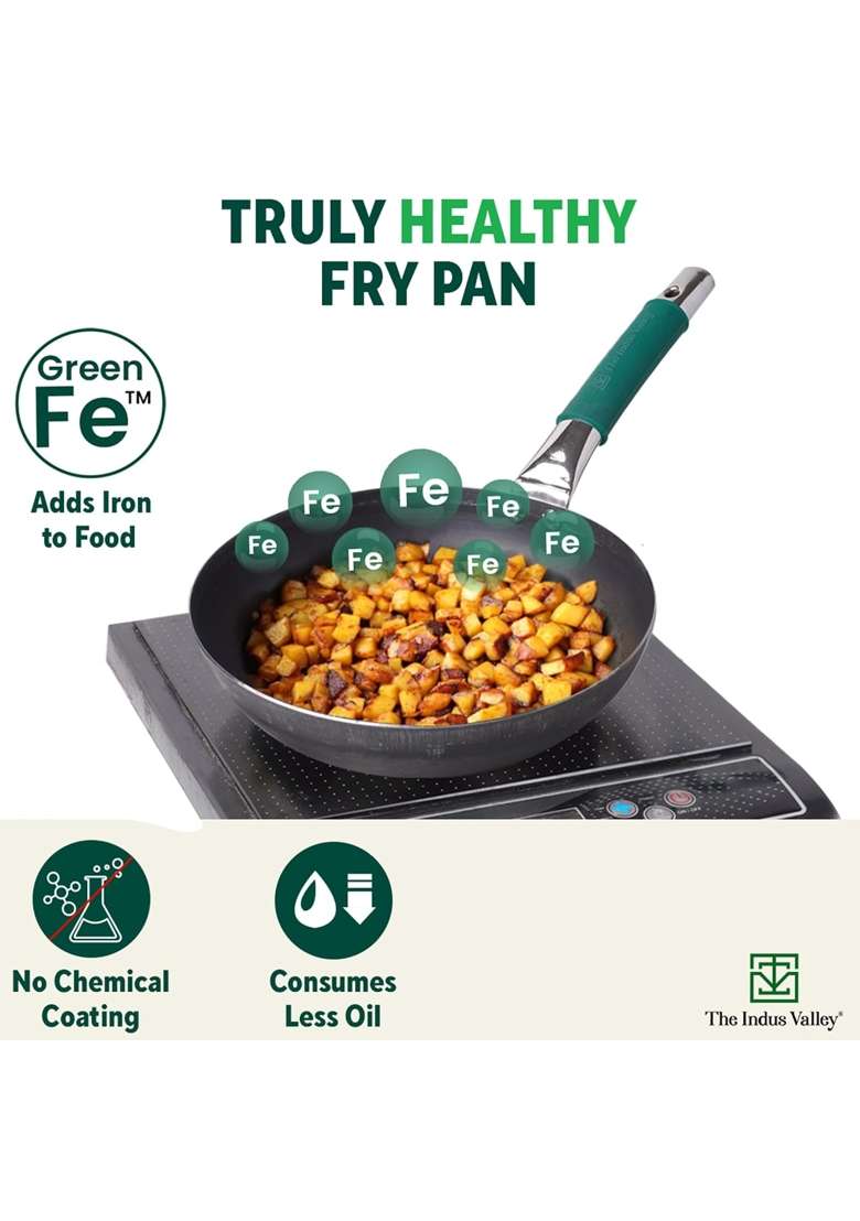 The Indus Valley Pure Iron Fry Pan with Silicone Grip | 2.5 L | 2.6 Qt | 30.8 cm | 12.1 Inch | Induction Compatible | Non-Toxic - Indya