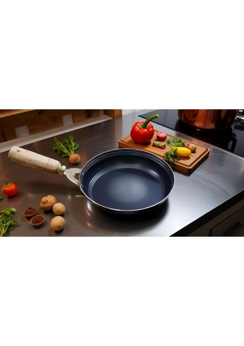 Nutlase Traditional Iron Tadka Frying Pan with Wooden Handle | 8 Inch | Non-Stick - Indya