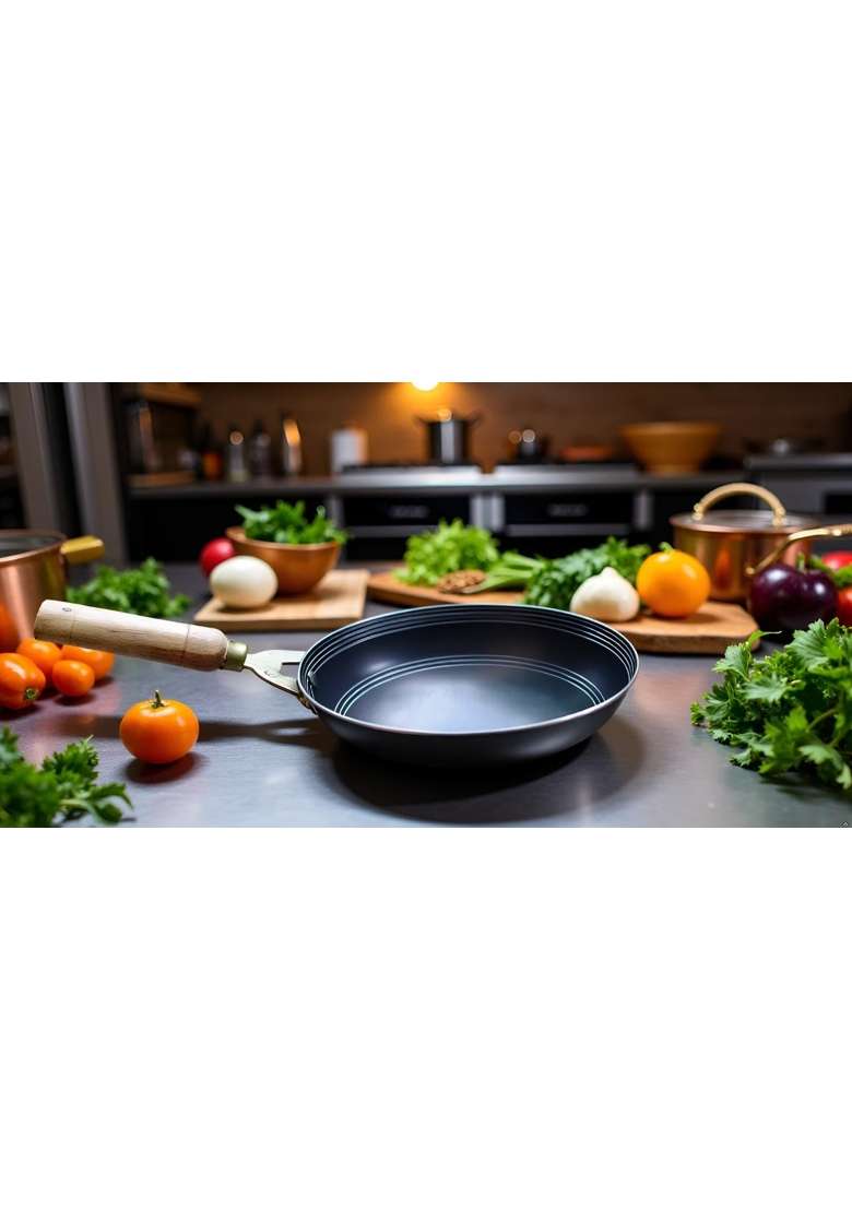 Nutlase Traditional Iron Tadka Frying Pan with Wooden Handle | 8 Inch | Non-Stick - Indya