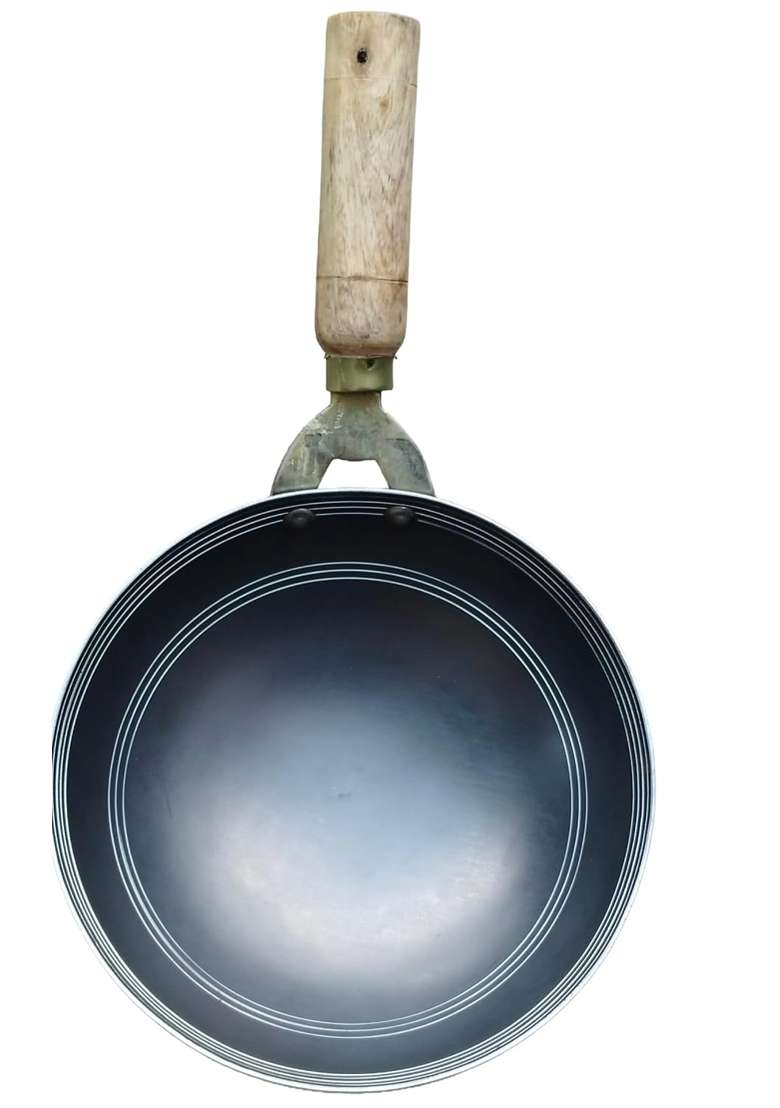 Nutlase Traditional Iron Tadka Frying Pan with Wooden Handle | 8 Inch | Non-Stick - Indya
