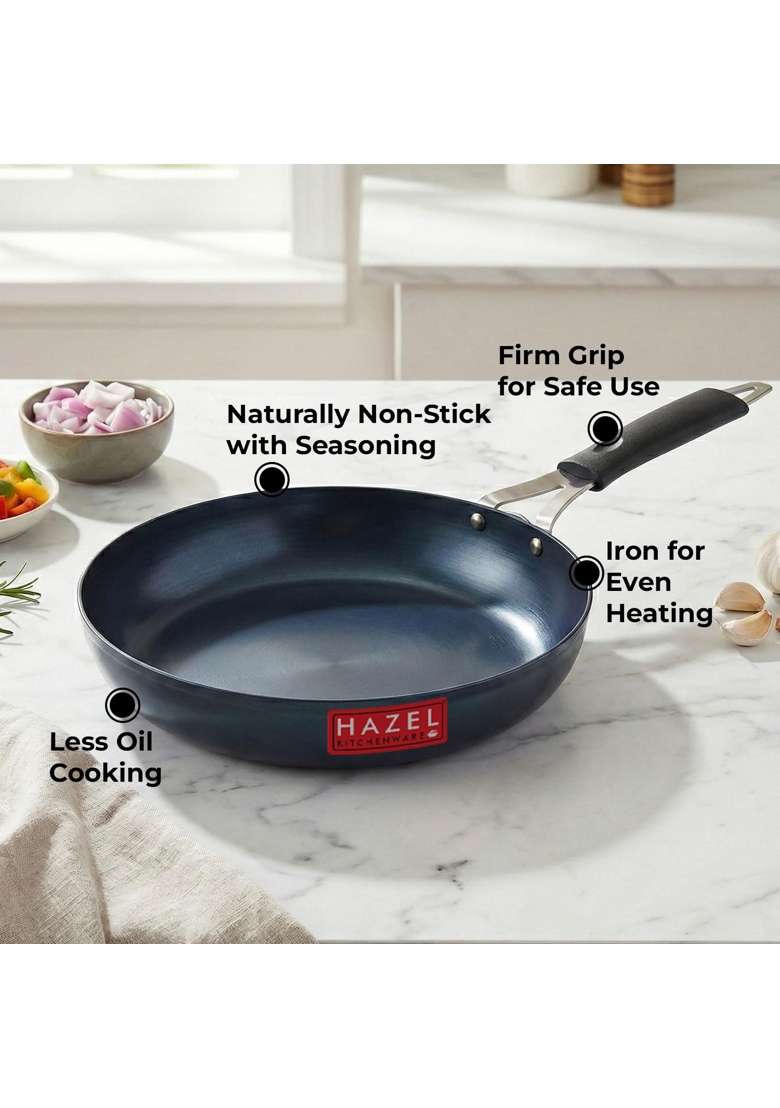 HAZEL Traditional Lokhand Fry Pan | 1.2 L | 1.3 Qt | 22 cm | 8.7 Inch | Induction Compatible | Pre-Seasoned - Indya