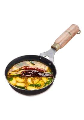 The Indus Valley Pre-Seasoned Iron Tadka Pan with Wooden Handle | 0.3 L | 0.3 Qt | 12.7 cm | 5 Inch | Non-Toxic