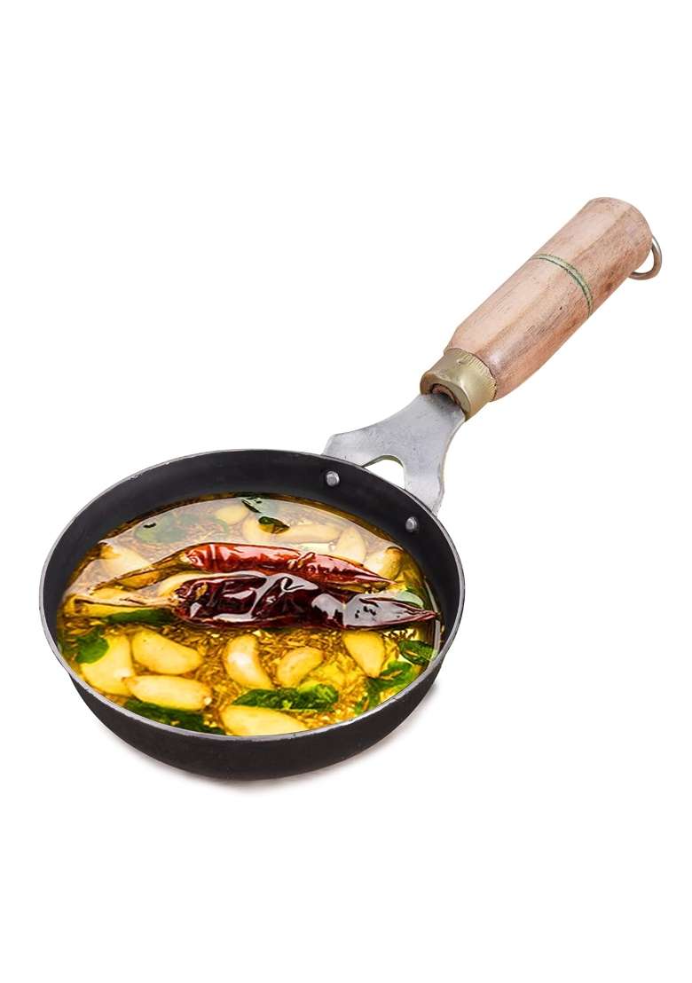 The Indus Valley Pre-Seasoned Iron Tadka Pan with Wooden Handle | 0.3 L | 0.3 Qt | 12.7 cm | 5 Inch | Non-Toxic - Indya