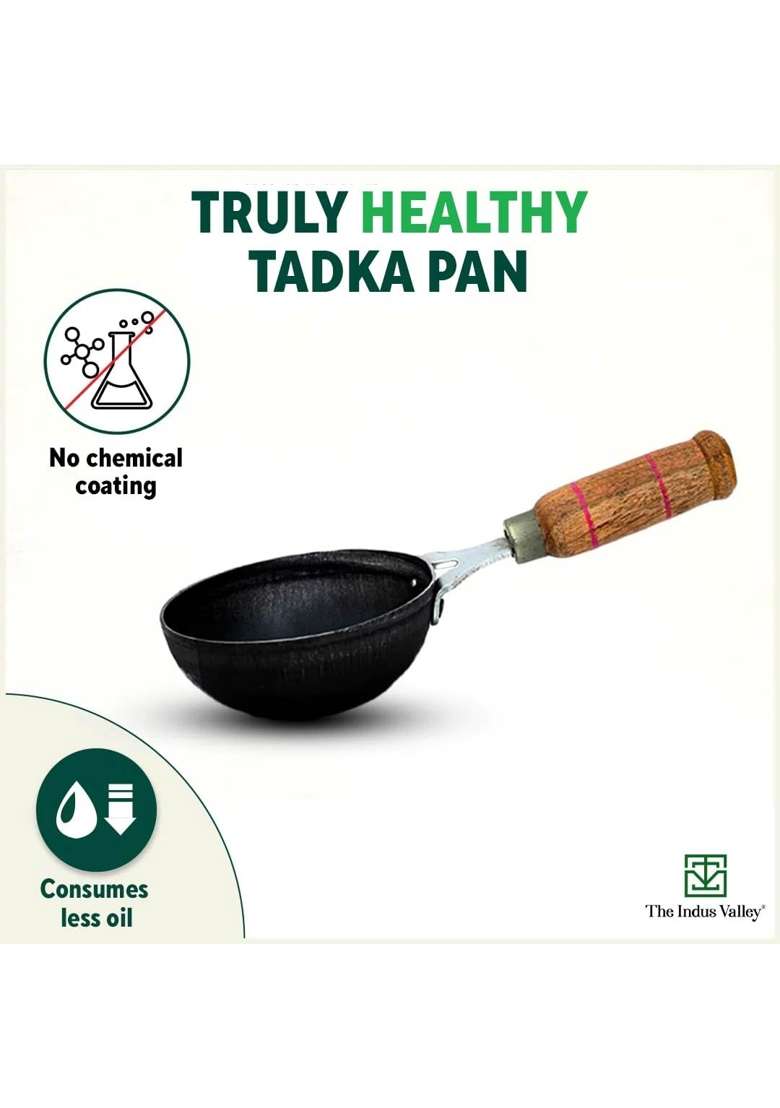 The Indus Valley Pre-Seasoned Iron Tadka Pan with Wooden Handle | 0.3 L | 0.3 Qt | 12.7 cm | 5 Inch | Non-Toxic - Indya