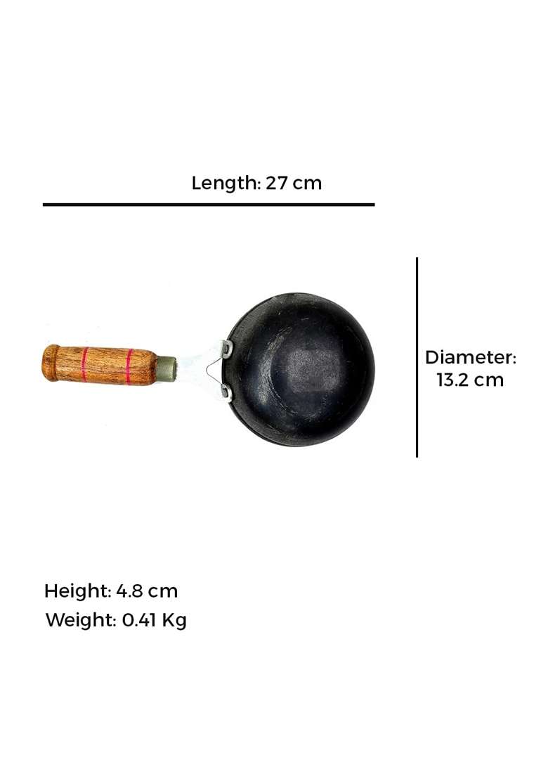 The Indus Valley Pre-Seasoned Iron Tadka Pan with Wooden Handle | 0.3 L | 0.3 Qt | 12.7 cm | 5 Inch | Non-Toxic - Indya