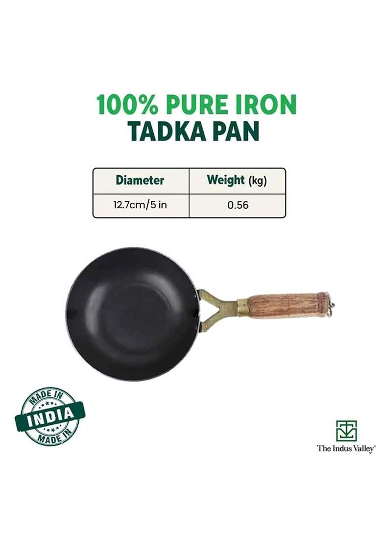 The Indus Valley Pre-Seasoned Iron Tadka Pan with Wooden Handle | 0.3 L | 0.3 Qt | 12.7 cm | 5 Inch | Non-Toxic - Indya