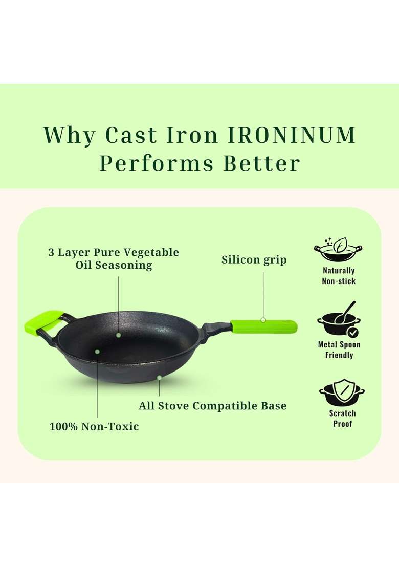 MACclite Ironium Pre-Seasoned Cast Iron Frying Pan Dia | 2 L | 2.1 Qt | 24 cm | 9.4 Inch | Induction Compatible | Non-Toxic | Non-Stick - Indya