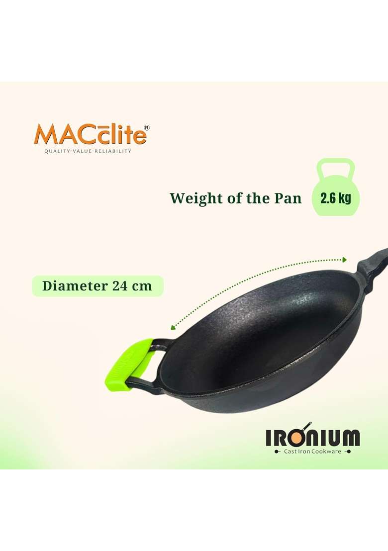MACclite Ironium Pre-Seasoned Cast Iron Frying Pan Dia | 2 L | 2.1 Qt | 24 cm | 9.4 Inch | Induction Compatible | Non-Toxic | Non-Stick - Indya