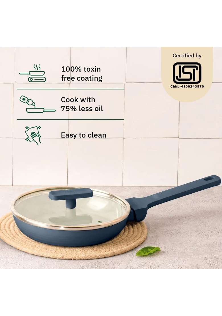 Ember Cookware Arcilla Ceramic Egg and Omelette Pan with Glass Lid | 20 cm | 7.9 Inch | Non-Toxic | Non-Stick - Indya