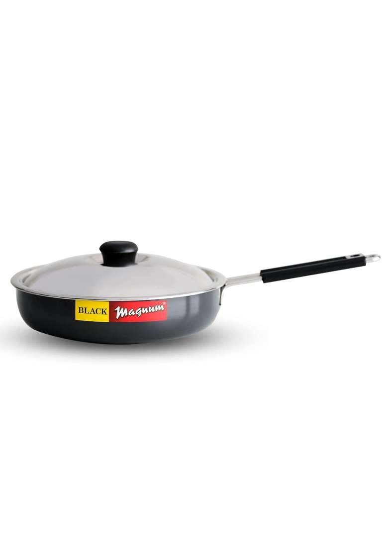 Black Magnum Basics Ibfpl- Diameter Frying Pan | 2 L | 2.1 Qt | 24 cm | 9.4 Inch | With Lid - Indya